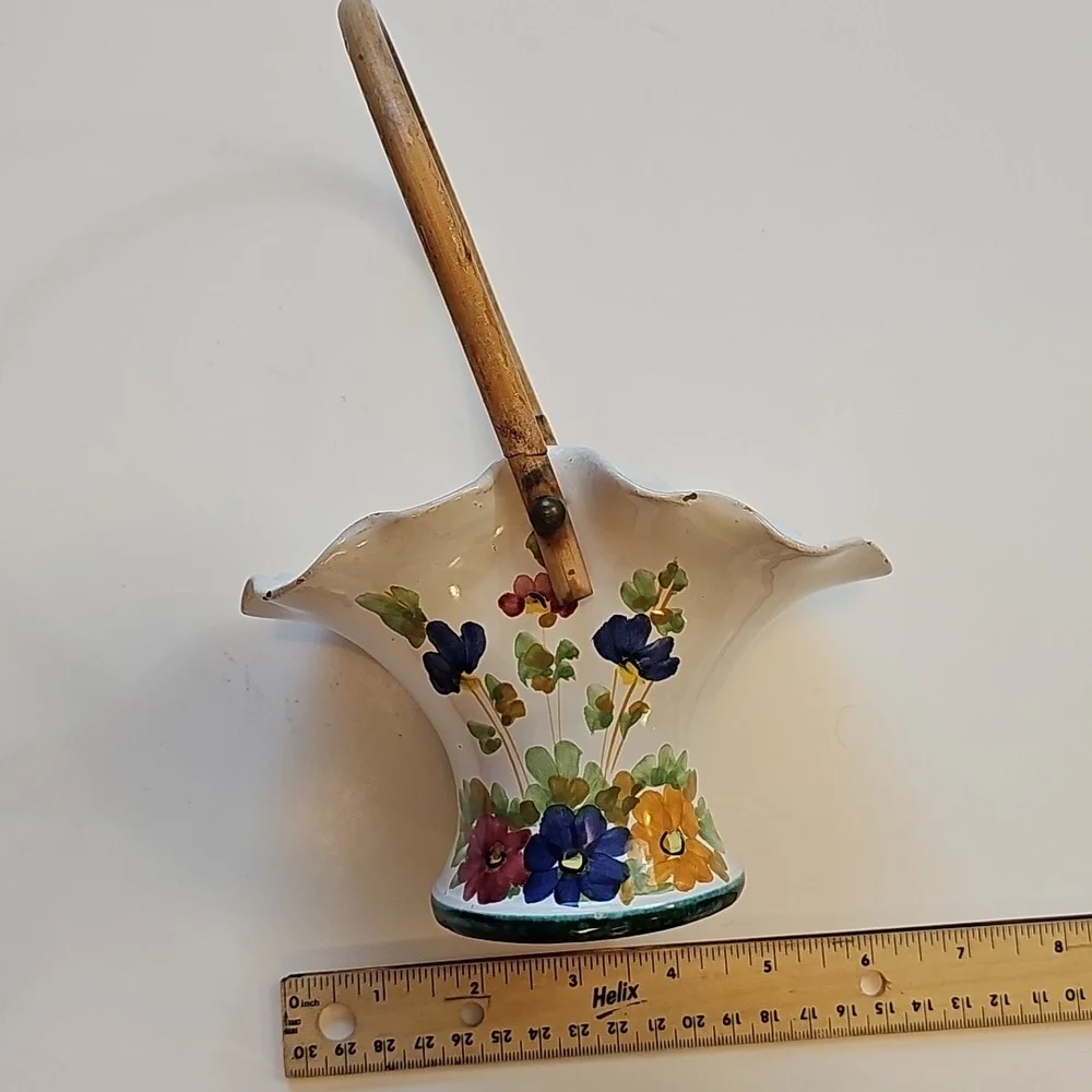 Vintage Hand Painted Italy Made Ceramic Basket with Wicker Bamboo Handle Rustic